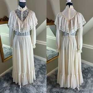 Vintage 70s Ivory Lace High Collar Long Sleeve Prairie Maxi Dress